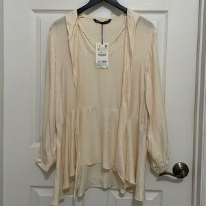 ZARA women’s cream floral Long Sleeve Tie Front peplum blouse